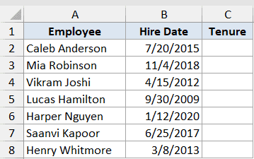 Datedif Function Dataset Example 4 showing an Excel table with employee names and hire dates in columns A and B