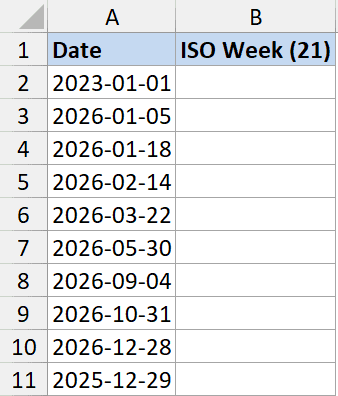 Spreadsheet with dates in column A and an empty ISO Week column B to be calculated