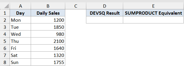 Devsq Function Dataset Example 2 showing a table of daily sales data with headers for DEVSQ and SUMPRODUCT results