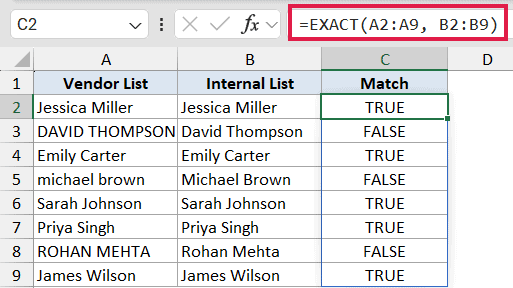 EXACT formula 1 showing a case-sensitive comparison of two name lists in Excel with TRUE and FALSE results in column C