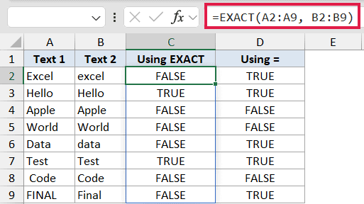 Excel formula bar showing =EXACT(A2:A9, B2:B9) with results comparing text in columns A and B in column C