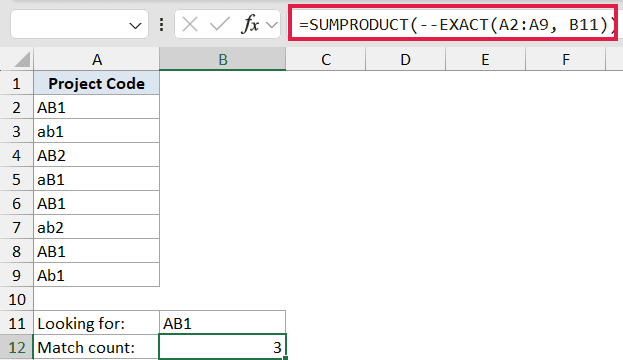 EXACT formula 4 using SUMPRODUCT to count case-sensitive matches of AB1 in a list of project codes