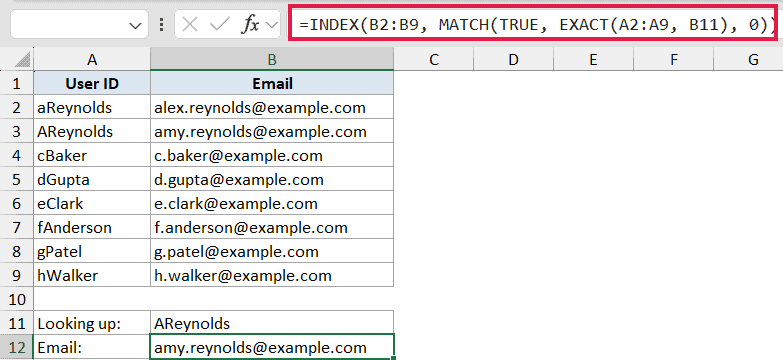 Excel formula bar showing INDEX, MATCH, and EXACT functions used to perform a case-sensitive lookup of a user email