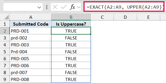 Excel formula bar showing EXACT function comparing a range to its uppercase version with results in column B