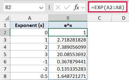 Excel formula bar showing =EXP(A2:A8) applied to a column of exponents in cells A2 through A8