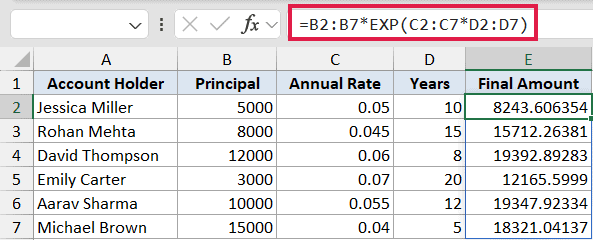 Excel formula bar showing EXP function applied to calculate final amount from principal, annual rate, and years