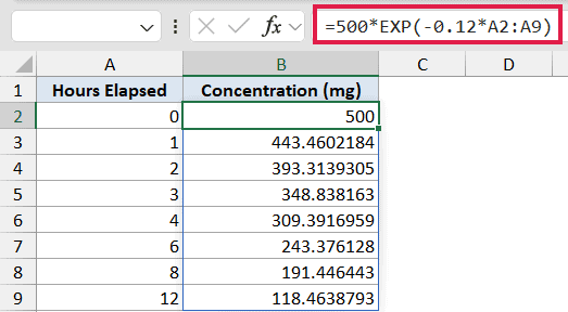 Excel formula bar showing =500*EXP(-0.12*A2:A9) applied to calculate concentration decay over time in column B