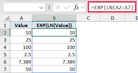 Excel formula bar showing =EXP(LN(A2:A7)) with a table demonstrating that EXP and LN are inverse functions