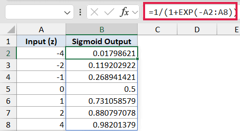 Excel formula bar showing a sigmoid function using EXP with a range of inputs in column A and results in column B