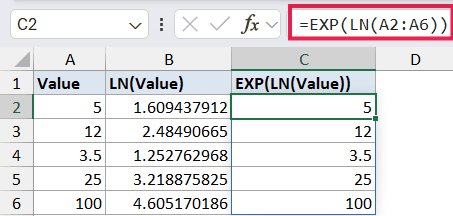 Excel formula bar showing =EXP(LN(A2:A6)) to reverse natural log values in column C