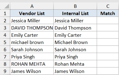 Excel table comparing Vendor List and Internal List names in columns A and B, with an empty Match column C