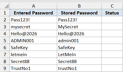 Exact Function Dataset Example 3: Excel table comparing Entered Password and Stored Password columns for case sensitivity