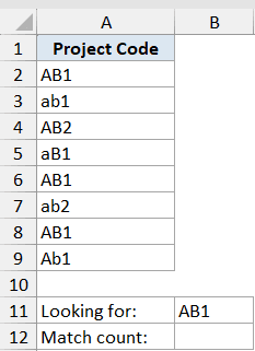 Exact Function Dataset Example 4: Excel column A listing various project codes with AB1 as the target search value