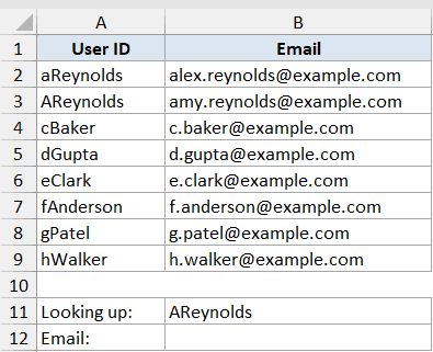 Excel table showing User ID and Email columns, with a lookup field for AReynolds to demonstrate case-sensitive matching