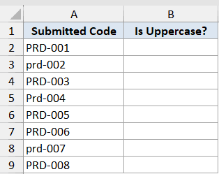 Exact Function Dataset Example 6 showing a table with Submitted Code in column A and empty Is Uppercase cells in column B