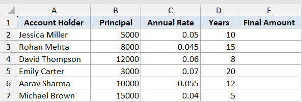 Exp Function Dataset Example 2 showing Excel table with account holder, principal, annual rate, and years columns
