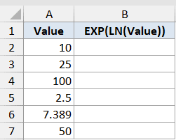 Exp Function Dataset Example 4 showing an Excel table with column A values and column B header EXP(LN(Value))