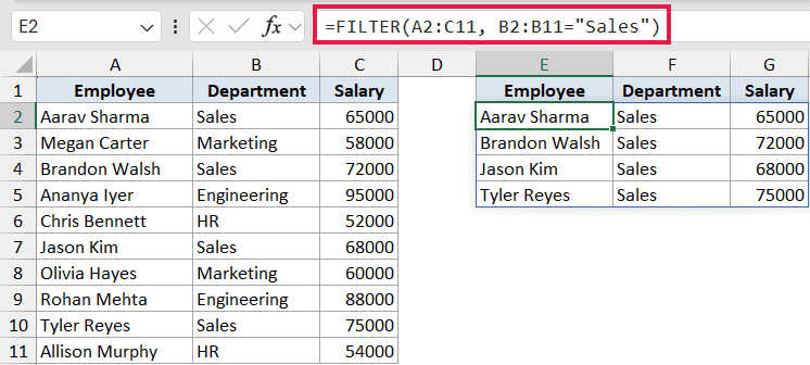 Excel formula bar showing FILTER function extracting Sales department rows from a dataset into columns E through G