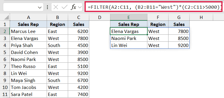Excel FILTER formula using multiple criteria to extract West region sales over 5000 into a new dynamic array table