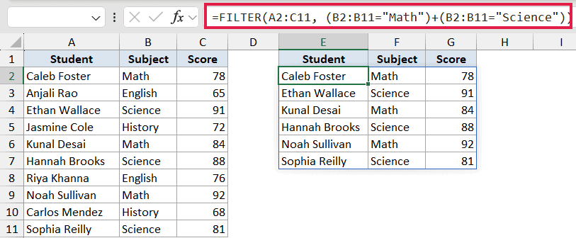 Excel FILTER formula using OR logic to extract rows where the subject is either Math or Science