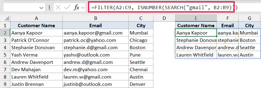 Excel FILTER formula using ISNUMBER and SEARCH to extract rows containing gmail from a customer email list