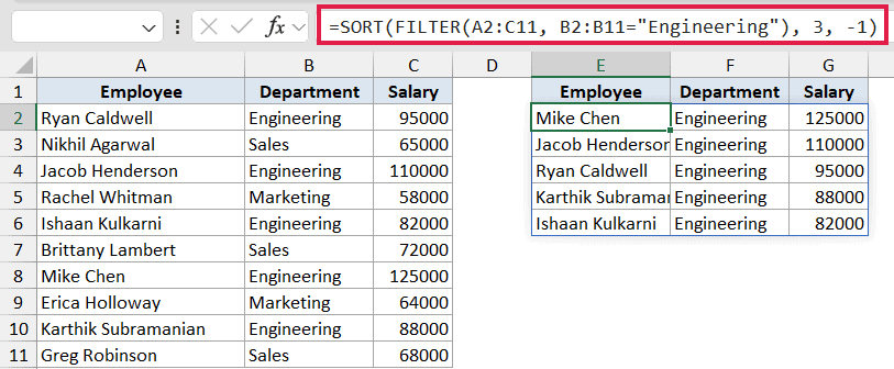 Excel formula bar showing SORT and FILTER functions to extract and sort Engineering department data in descending order