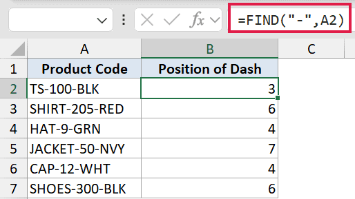 Excel formula bar showing =FIND('-',A2) to locate the dash in product codes within a spreadsheet table