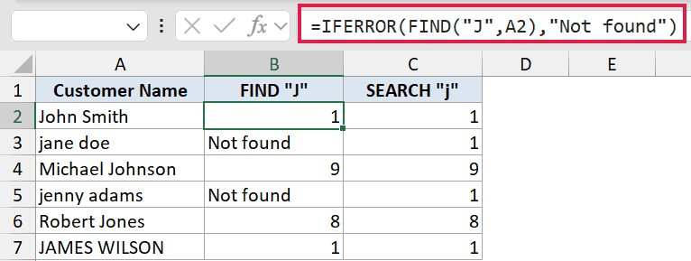Excel formula bar showing IFERROR and FIND functions with results in column B for customer names in column A
