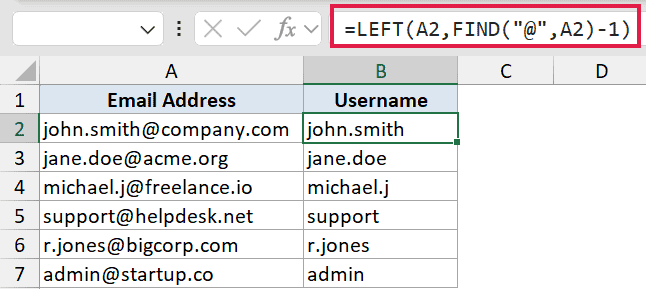 Excel formula =LEFT(A2,FIND('@',A2)-1) used to extract usernames from email addresses in column A