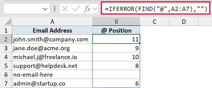 Excel formula bar showing IFERROR and FIND functions applied to a column of email addresses to locate the @ symbol