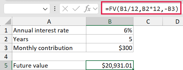 Excel formula bar showing =FV(B1/12,B2*12,-B3) with cell references for interest rate, years, and monthly contribution