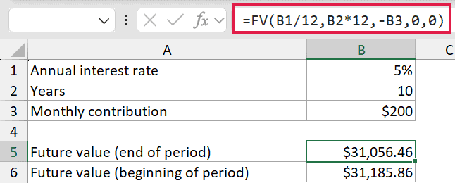 Excel formula bar showing FV function with monthly interest and period adjustments for a $200 monthly contribution