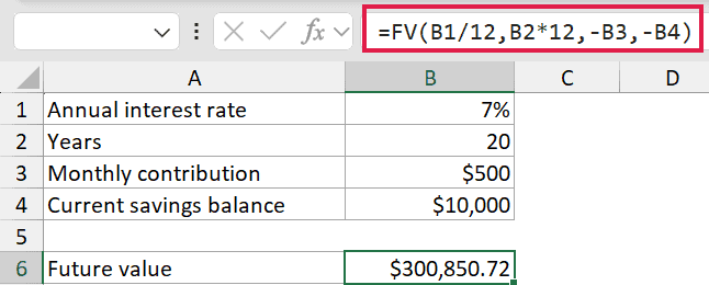 Excel formula bar showing FV function with cell references for interest rate, years, monthly contribution, and savings