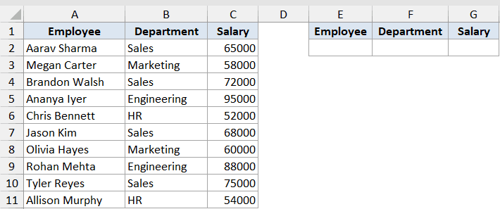 Filter Function Dataset Example 1 showing an employee list in columns A-C and empty target headers in columns E-G