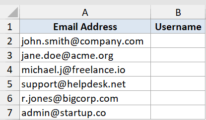 Excel dataset with Email Address in column A and empty Username column B for Find function example 3