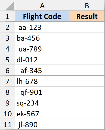 Excel table showing lowercase flight codes in column A with trailing spaces, needing cleaning and conversion to uppercase
