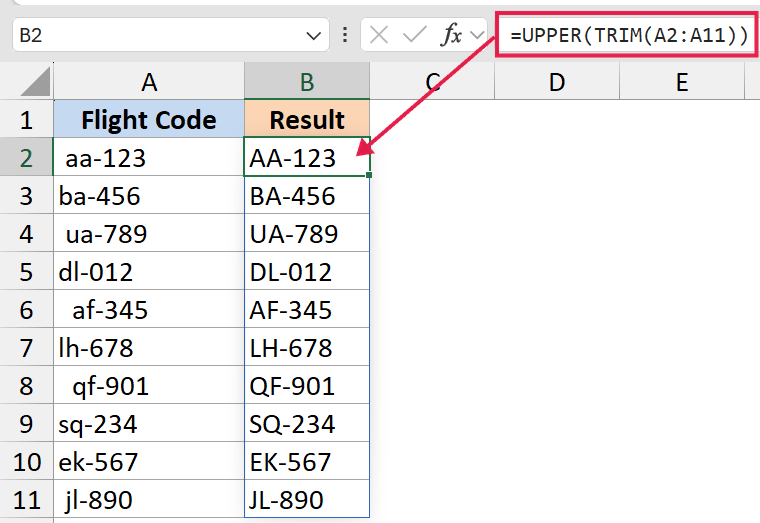 Excel formula =UPPER(TRIM(A2:A11)) converting lowercase flight codes in column A to uppercase in column B