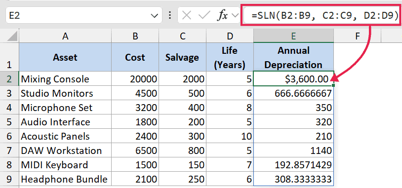 Excel formula =SLN(B2:B9, C2:C9, D2:D9) used to calculate straight line depreciation for a list of studio assets
