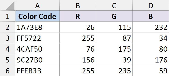 Spreadsheet table showing hex color codes in column A converted into corresponding R, G, and B values in columns B, C, D