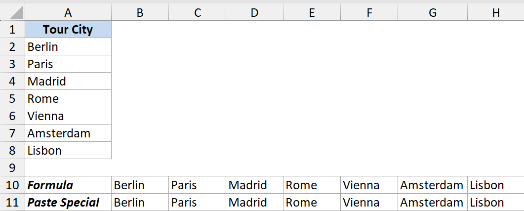 Excel list of cities transposed into rows using both a formula and Paste Special options
