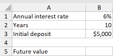 Fv Function Dataset Example 1 showing Excel cells with 6% interest, 10 years, and a $5,000 initial deposit