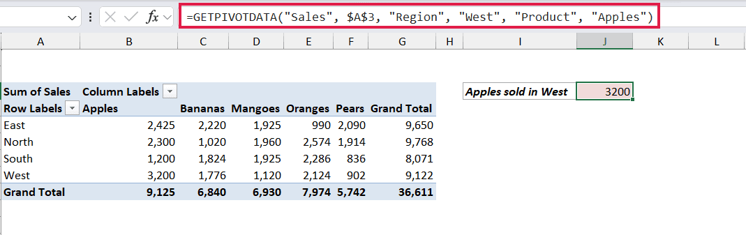 GETPIVOTDATA formula extracting Apples sales in the West region from an Excel pivot table into cell J3