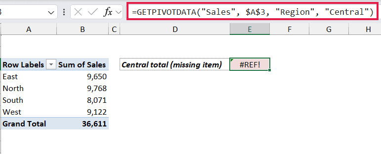 GETPIVOTDATA formula returning a #REF! error in Excel due to a missing item in the pivot table data source