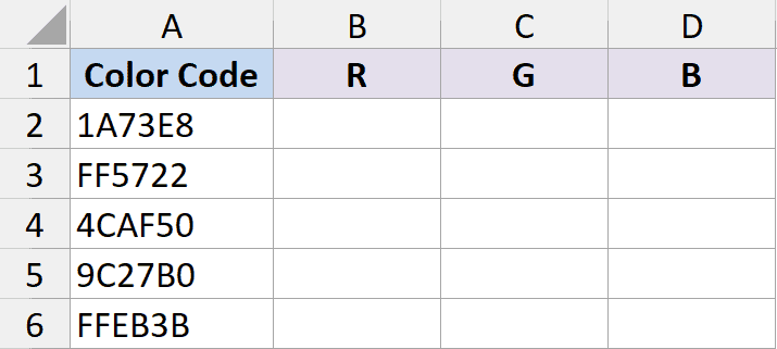 Spreadsheet with hex color codes in column A and empty columns for R, G, and B values