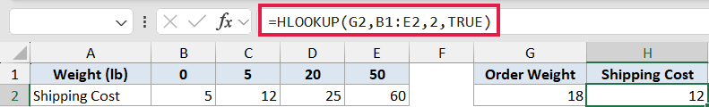 Excel formula bar showing HLOOKUP(G2,B1:E2,2,TRUE) used to calculate shipping cost based on order weight