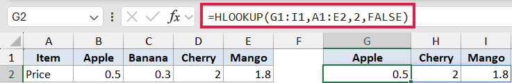 Excel formula bar showing HLOOKUP(G1:I1,A1:E2,2,FALSE) to retrieve prices for selected items in a horizontal table