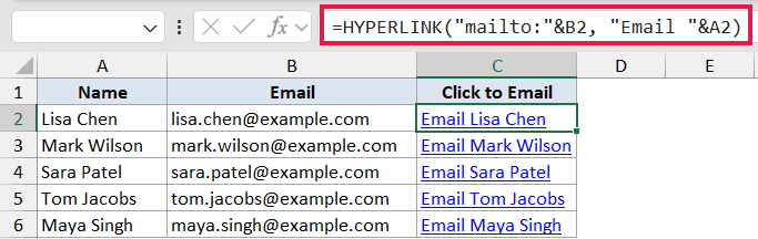 Excel formula bar showing HYPERLINK function with mailto argument to create clickable email links in a spreadsheet