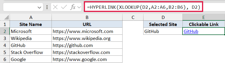 Excel formula bar showing HYPERLINK with XLOOKUP to create a dynamic clickable link based on a selected site name