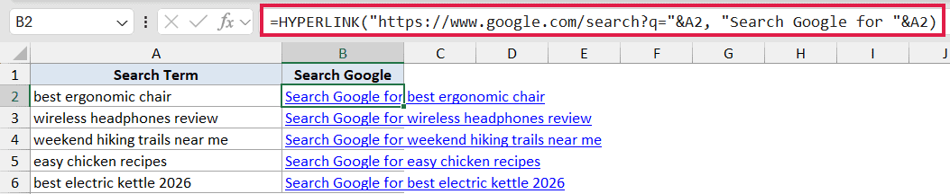 Excel formula bar showing a HYPERLINK function that dynamically creates Google search links based on cell A2 content