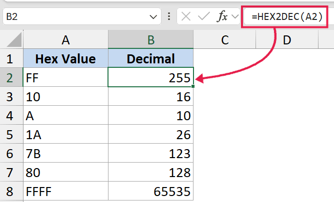 Excel formula bar showing =HEX2DEC(A2) applied to cell B2, converting hex value FF to decimal 255
